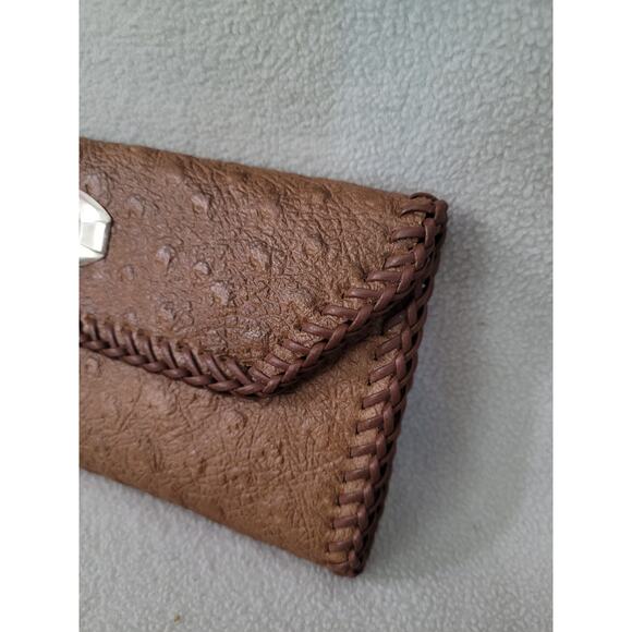 Leather Suede Trifold Wallet Side Stitch Ostrich Woven Edge - Picture 9 of 12